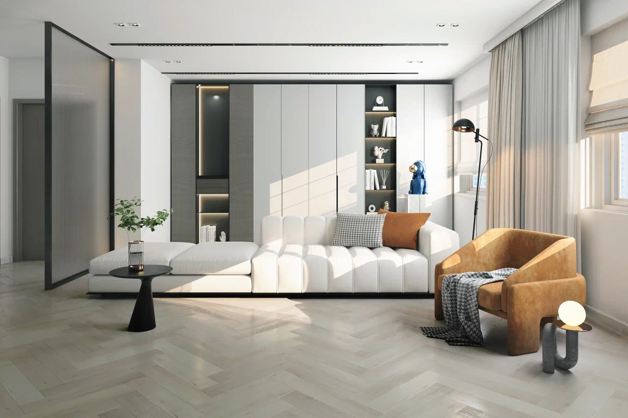 Кварцвиниловый SPC ламинат Home Expert Parquet Дуб Баварский лес 33-69W906/33-3003 венгерская елка 615×123×3,5 фото в интерьере